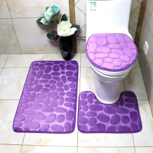Bathroom Floor Mat Set Toilet Lid Mat Absorbent 3-Piece Anti-Slip Solid Color Embossed