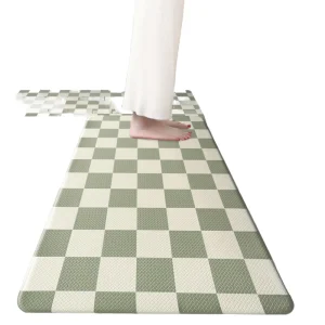 Beige Sage Checkered PVC Kitchen Rug Set, 2-Piece, Anti-Fatigue, Waterproof, Non-Slip, Heavy-Duty