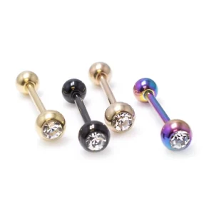 Bezel-Setting Crystal Stainless Steel Straight Barbell Tongue Ring