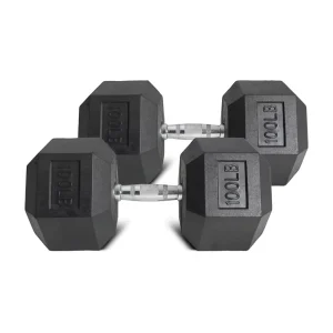 Black 200-Pound Dumbbell Set 100 LB x 2pcs 6-Sided Anti-Roll Design High-Quality Virgin Rubber-Encased Steel Core