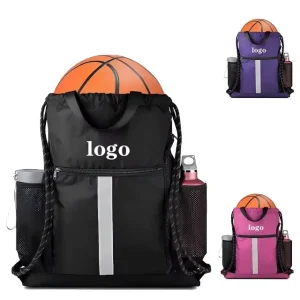 Black Drawstring Gym Backpack with Shoe Compartment, Reflective Detail and Multiple Pockets