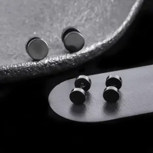 Black-Plated Dumbbell Stud Earrings, Round Barbell Piercing Jewelry