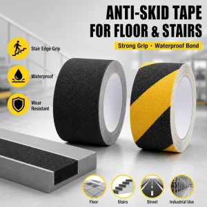 Black Rubber and Plastic Acrylic Adhesive Non-Slip Tape for Bare Feet, Stair Treads, and Yacht Decks