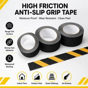 Black Rubber and Plastic Acrylic Adhesive Non-Slip Tape for Stair Steps, Sports Equipment, and Yacht Decks