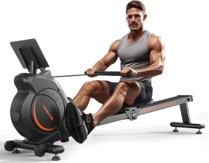 Bluetooth App-Supported Home Rowing Machine with Comfortable Seat Cushion and Tablet Holder, 350 lb Weight Capacity, Foldable Rower
