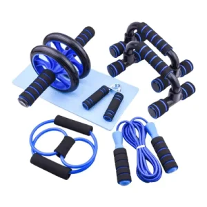 Bodybuilding Muscle Exercise Gym Equipment AB Wheel Roller Set with Handgrip Pullers Jump Rope Knee Pad