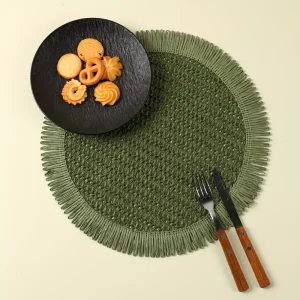 Bohemian Farmhouse Round Placemat with Tassels Green Linen Texture Table Mat for Home Decor