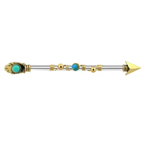 Burnished Gold Industrial Barbell Arrow with Stone Earrings Body Piercing Jewelry