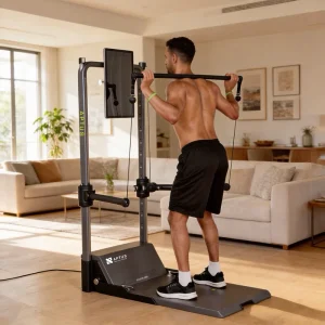 Cable Pulley System with Adjustable Arms, Bench, and Touchscreen Smart Resistance Training Machine