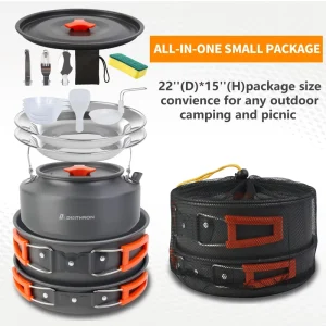 Camping Cookware Set with Non-Stick Pot, Pan, Kettle and Portable Tableware for Outdoor Survival and Trekking