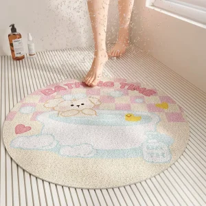 Cartoon Round PVC Coil Anti-Slip Bathroom Mat Hollow Water-Drainage Floor Rug for Toilet