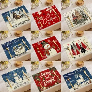 Christmas New Year Linen Placemat with Snowman Print, Heat- and Stain-Resistant