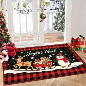 Christmas Printed Snowflake Door Mat, Non-Slip Absorbent Red and Black Plaid