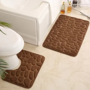 Cobblestone Embossed Memory Foam Bath Mat Set Absorbent Non-Slip Bathroom Floor Mat