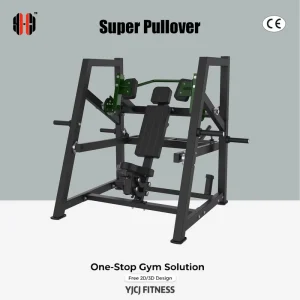 Commercial Gym Pullover Equipment Featuring Overhead Lever Handles Padded Seat Back Support and Plate Storage for Equipment