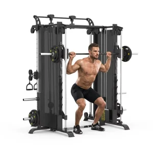 Commercial Smith Machine Functional Trainer with Dual Cable Pulley, Multi-Station Power Rack for Strength Training