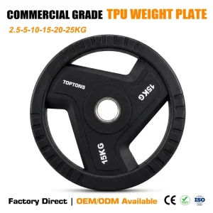 Commercial TPU Weight Plates with 3 Grip Holes, Cast Iron Core, 2.5-25 kg, Factory Supply OEM ODM