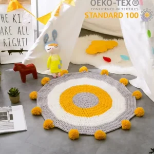 Contrast Color Pompom Rug for Kids’ Bedroom, Soft Baby Crawl Pad, Chunky Knit Iceland Yarn Picnic Mat