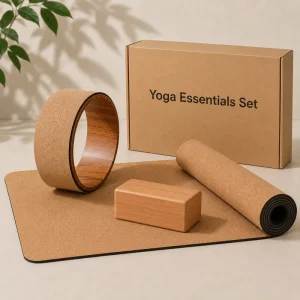 Cork Yoga Set with Yoga Mat, Yoga Wheel, Rubber Wood Yoga Block, Natural Rubber, Non-Slip, Home Gym Studio