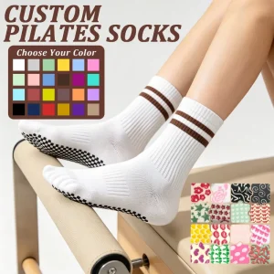 Cotton Crew Socks for Women, Non-Slip, Yoga Pilates, Striped Print, Logo