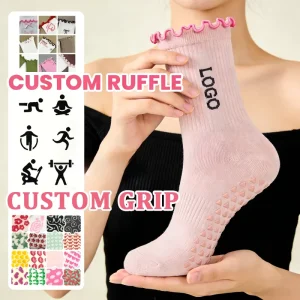 Cotton Non-Slip Grip Sports Ballet Pilates Crew Socks for Women with Ruffle, Custom