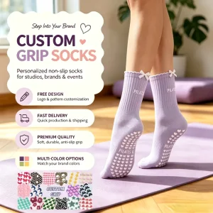 Cotton Women’s Knitted Crew Yoga and Pilates Socks with Grip, Custom Logo