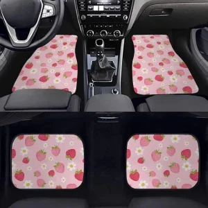 Crystal Velvet Car Floor Mats with Strawberry Design, Universal Non-Slip Foot Pads