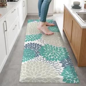 Cushioned Anti-Fatigue PU Kitchen Mats Set of 2, Boho Floral, for Home and Office