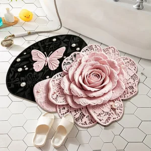 Custom 3D Printed Floral Pattern Bathroom Rug Non-Slip Soft Absorbent Diatom Mud Stone Bath Mat Pink