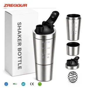 Custom 600ml Stainless Steel Protein Shaker Bottle With 200ml Storage Base Mixing Ball OEM ODM Gym Shaker Cup Supplier