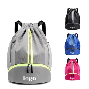 Custom Children’s Drawstring Sports Backpack with Zipper, Water Bottle and Mesh Pockets