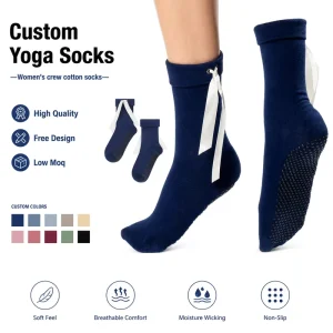 Custom Color Bow Tie Crew Knitted Cotton Women’s Pilates Socks Non-Slip Grip Winter Sport Socks