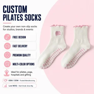 Custom Design Logo Embroidery Women’s Cotton Crew Ruffled-Cuff Anti-Slip Grip Pilates Socks