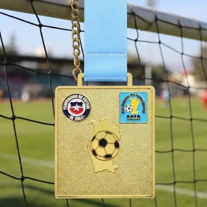 Custom Gold-Plated Zinc Alloy Enamel Soccer Medal with Raised Ball and Federation Logos Rectangular Football Award Medal