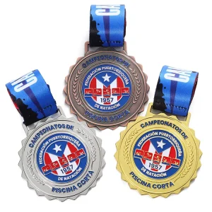 Custom Gold, Silver and Bronze-Plated Enamel Zinc Alloy Swimming Sports Medals with Logo and Scalloped Edge