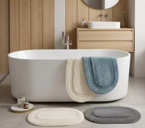 Custom Logo Oval Double-Sided Jacquard Cotton Floor Towel Bath Mat with Wave Pattern Organic Sustainable