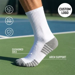 Custom Logo Pickleball Crew Socks, Combed Cotton-Polyester Blend, Cushioned Terry Bottom