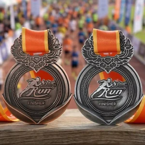 Custom Metal Sport Medal with Embossed Athlete and Winged Hanger Antique Bronze Hollow Marathon Running Medal