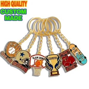 Custom Metal Sports Keychain, Gold Enamel Football, Basketball or Baseball Trophy Keyring