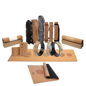 Custom Print Eco-Friendly Non-Slip Natural Cork Rubber Yoga Mat Set with Wheel, Strap, Block and Bag
