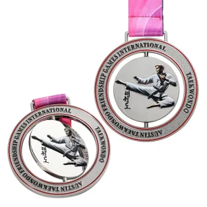 Custom Rotating Taekwondo Karate Sports Medal Silver-Plated 3D Color Spray Kick Pose Korean Text Spinning Medal