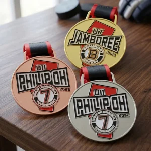 Custom Zinc Alloy Enamel Hockey Medal Gold Silver or Bronze-Plated Metal Logo for Youth Ice Hockey Competitions