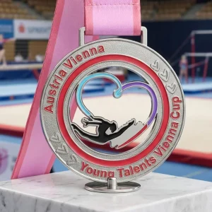 Custom Zinc Alloy Enamel Sports Medal Silver-Plated Hollow Colorful Raised Heart and Gymnast Design Rhythmic Gymnastics Award Medal