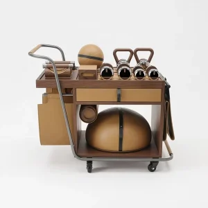 Customizable Fitness Equipment Set with Trolley, Walnut Wood and Stainless Steel, for Hotel Gyms