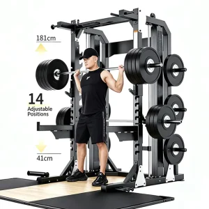 Customizable Smith Machine Station with Pull-Up Rack, Adjustable Bench, and Barbell