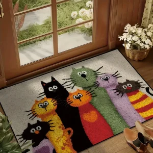 Cute Cartoon Cat Family Doormat Funny Cat Indoor Outdoor Floor Rug