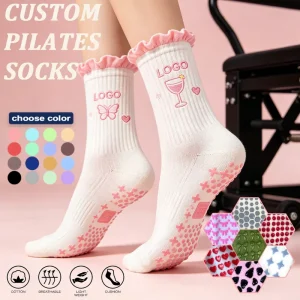 Cute Embroidery Design Logo Women Grip Yoga Socks Sports Ballet Anti Slip Athletic Pilates Socks Ruffly Custom Socks