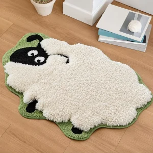 Cute Flocked Sheep-Shaped Area Rug Cartoon Animal Tufted Floor Mat Soft Carpet for Bathroom Bedroom Living Room
