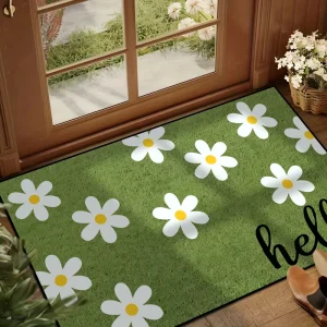 Daisy Flower Welcome Mat Green Grass Printed Non-Slip Entrance Doormat with Hello Letter