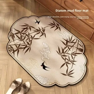 Diatom Mud Bath Mat, Absorbent Quick-Dry Non-Slip, Plants and Flowers Pattern, Chinese Style, for Bathroom Entryway
